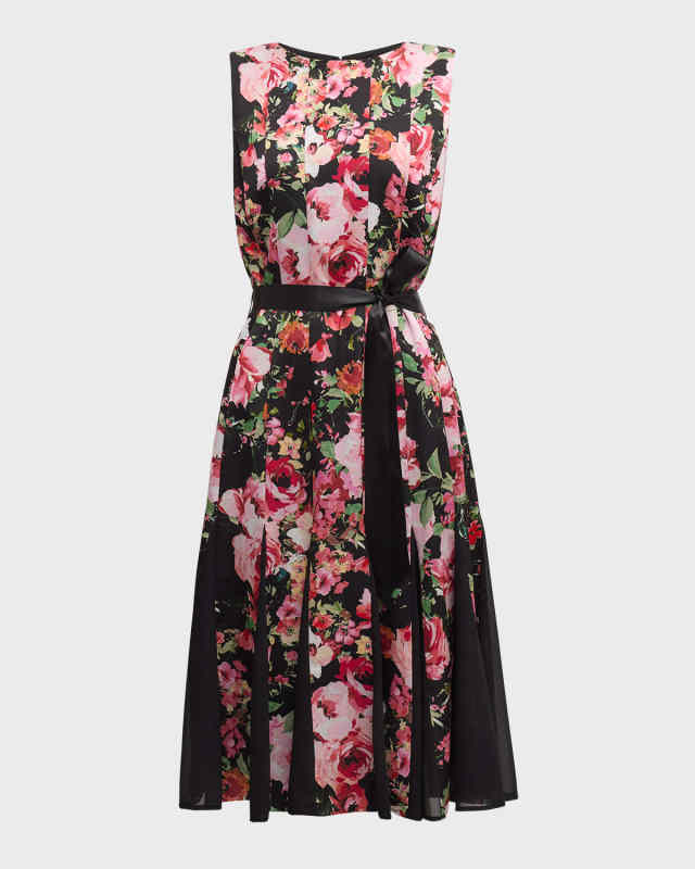 Sleeveless Floral-Print Godet Midi Dress